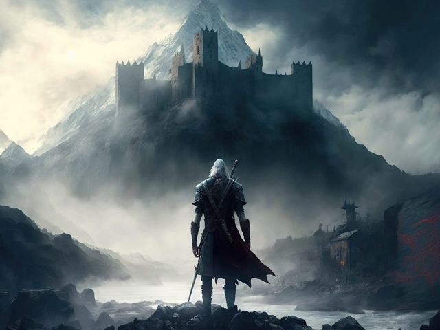 The Witcher stands in front of the castle shrouded in mist. lonely, hero, travel, danger, warrior, adventure, wallpaper, picture, weapon, mysticism, magic, equipment, success. Fantasy concept. AI