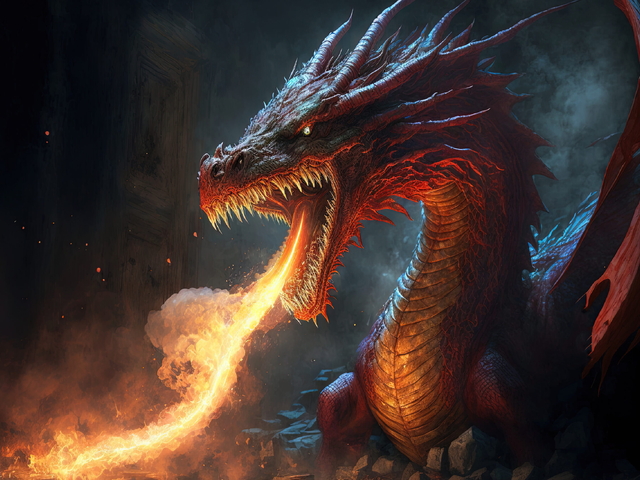 Red giant dragon breathing fire on dark background. Mythology creature portrait. Fantasy art. Generative AI